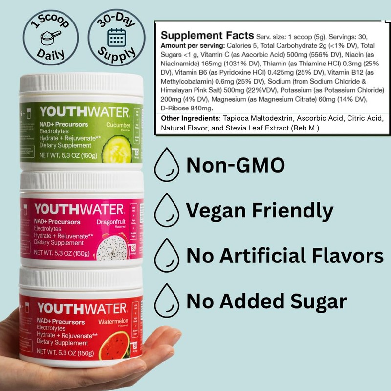 YOUTHWATER NAD+ Electrolyte Powder Drink Mix – Dragonfruit Flavored |