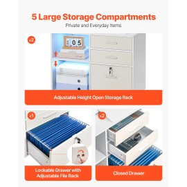 Adjustable Shelves 3-Drawer Wooden Mobile Filing Cabinet Lockable Rolling File Storage with Light StripDefault: Default