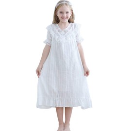 Flwydran Princess Cotton Nightgowns for Girls Kids Pyjamas for 3-12 Years, White short-sleeved