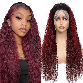 Lakaisa Kinky Curly Wig Front Lace Wig Human Hair Wig Real Hair Women's Glueless Wig Wear and Go Burgundy Tow Tone Colour 13 x 1 HD Lace 180% Density No Smell No Tangle 24 Inches