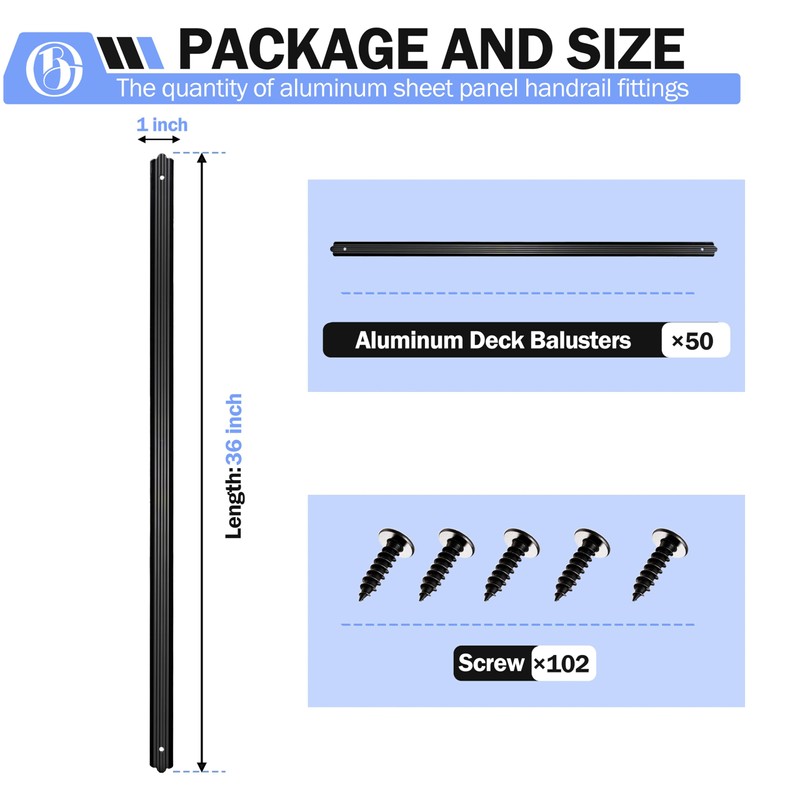 Brakki 50 Pack 36" Deck Balusters, Metal Deck Railing Spindles