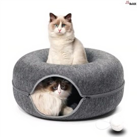 JS BuildX Large Cat Tunnel Bed with Washable Dark Gray Donut Cave, Scratch-Resistant, Includes Toy Ball, Suitable for Indoor Cats up to 35 lbs
