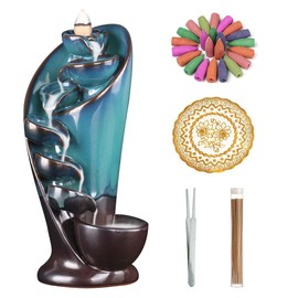 Ceramic Inscents-Cones Waterfall Backflow Torch Incense Burner with Mat Tweezer 20 Incense Cones and 30 Incense Sticks for Home Living Room Decorations Aromatherapy Ornament Gift