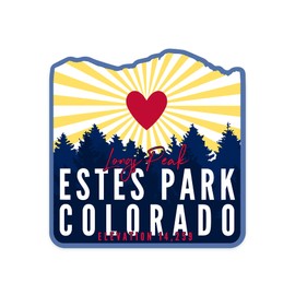 Die Cut Sticker Estes Park, Colorado, Longs Peak, Heart and Sunburst, Contour Vinyl Sticker 1 to 3 inches (Waterproof Decal for Cars, Water Bottles, Laptops, Coolers), Small