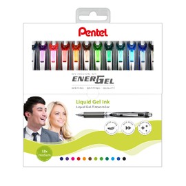 Pentel Pentel BL77-12 EnerGel Gel-Tintenroller mit Druckmechanik, 0,7 mm Kugeldurchmesser = 0,35 mm Strichstärke, nachfüllbar, aufstellbare Kunststoff-Box, Inhalt 12 Stück, farblich sortiert