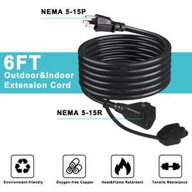 Black Garden Outdoor Weatherproof Power Extension Cord - 6FT Waterproof 3 Prong 16 Gauge SJTW Grounded Heavy Duty Wire, Outside Appliance Extension Exterior Electrical Lead for Indoor Outdoors Use