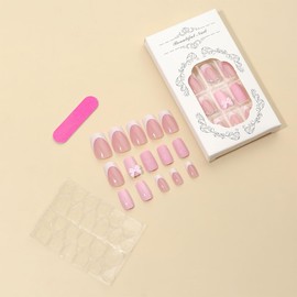 24Pcs French Tip Press on Nails Short Pink Fake Nails Square Shaped Bow Charms with Rhinestones Full Cover Glue on Nails Glossy Designs Cute False Nails Stick on Nails for Women Acrylic Nails Salon