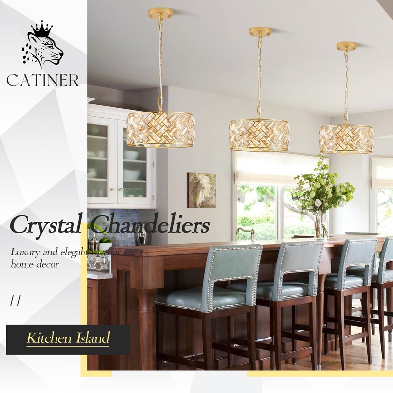 CATINER Modern Gold Crystal Chandeliers, Small Semi Flush Mount Chandelier