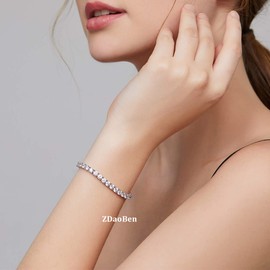 Tennis Bracelet Cubic Zirconia Bracelet for Women CZ Diamond Bracelet for Women Sterling Silver Bracelet Platinum Plated Tennis Bracelet Round Cubic Zirconia Women Bracelet Jewelry 4MM 7Inch