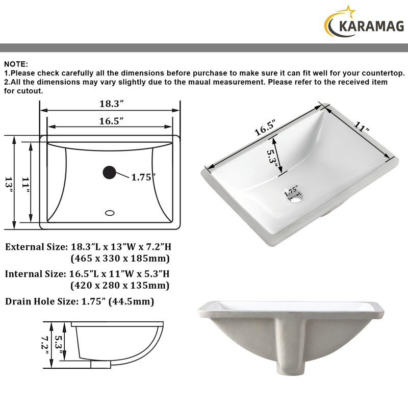 KARAMAG Durable Rectangle Undermount Sink Vitreous Ceramic Lavatory Vanity Bathroom