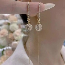 Zeshimb Long Chain Tassel Threader Earrings Diamond Ball Bar Dangle Earrings Shiny Disco Ball Strip Drop Earrings Linear Crystal Threader Earrings Wedding Prom Jewelry for Women, Zinc, No Gemstone