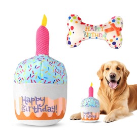 Hund Geburtstag Spielzeug, 2 Stück Hundespielzeug, Hundekuchen Geburtstag und Hundeknochen Spielzeug, Hundespielzeug Quietschend, Plüschspielzeug für Hunde mit Milchduft, Hunde Geburtstag Geschenk