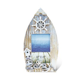 Puzzled Wooden “Baja Beach” Boat Picture Frame, 4 x 6 Inch Sculptural Wood Photo Holder Intricate & Meticulous Detailing Art Handcrafted Tabletop Accent Accessory Coastal Nautical Themed Home Décor