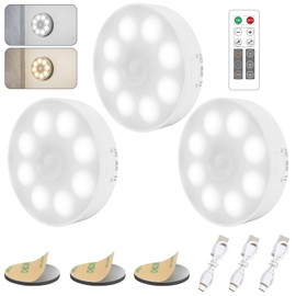 16 LEDs Under Cabinet Lights [with Remote], 3 Pack Wireless Motion Sensor Rechargeable Light Puck Light, 3 Color Temps Dimmable 3000-6000K, Closet Lights for Cabinet, Closet, Kitchen, Hallway, Stairs