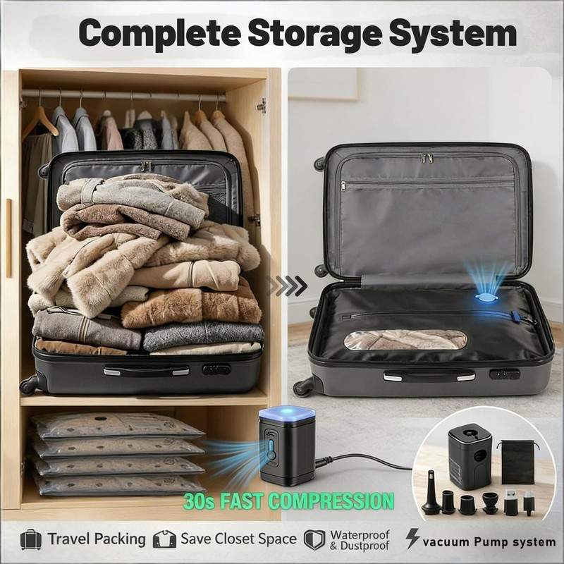 Travel Vacuum Bags with Electric Pump for Carry-On Luggage