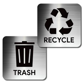 Recycle and Trash Adhesive Signs for Kitchen Trash Cans, Recycling Bins, 5.5" x 5.5", ABS Plastic with Full Adhesive Backing