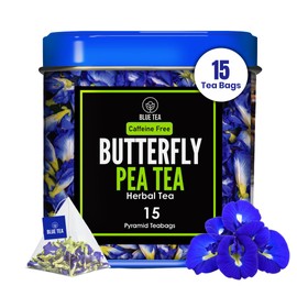 BLUE TEA - Butterfly Pea Flower Tea - 15 Count - Pyramid Plant Based Tea Bag | ANTIOXIDANT RICH | Herbal Tea - Caffeine Free - Detox Tea - Flower Based - Non Bitter | Reusable Tin Pack