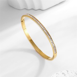 Yimofy Gold Bangles for Women 18K Gold Plated Cubic Zirconia Bangle Bracelets Stainless Steel Women's Simple Oval Wrist Cuff Bracelet (4mm cz-Gold)