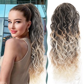 BHF Ponytail Extension - Long Curly Hair Extensions Ponytail Hair Pieces for Women Clip in Ponytail Hair Extensions Synthetic Drawstring Ponytail Long Wavy Fake Ponytail for Daily Use（mt27/613#）