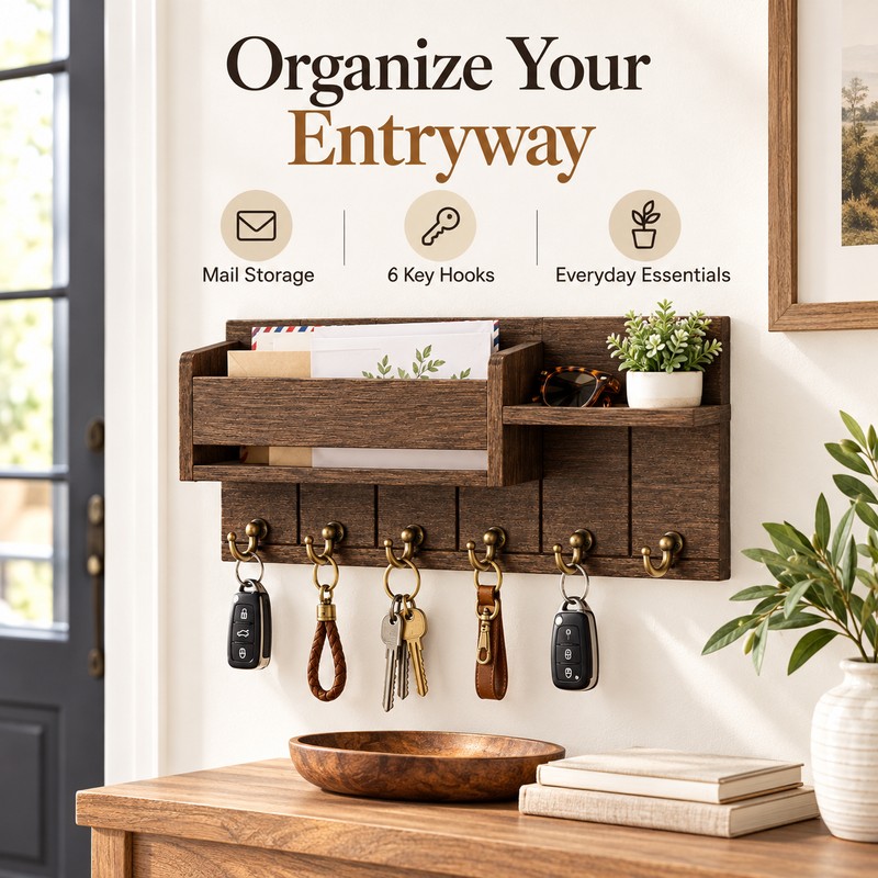 Rustic Wood Key Holder for Entryway – Wall Mounted Mail