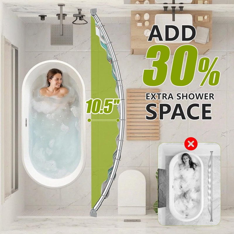 Curved Shower Curtain Rod， Adjustable 33-78 Inches Silver All Stainless