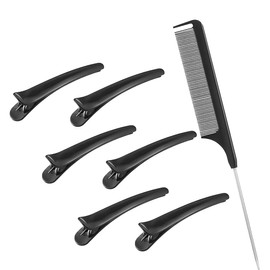 6 Pieces Cutting Clips with Rat Tail Comb, Hair Styling Clips Clamps Black Hair Grip Clamps Crocodile Hair Clip and Stainless Steel Spit Duck Comb for Women Girls Hairdressing Styling