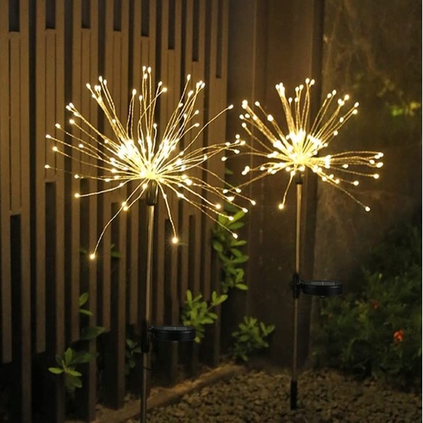 2 Pack Solar Garden Lights, 120 LED Solar Firework Lights Outdoor, Decorative Stake String Lights for Walkway Backyard Pathway Patio Christmas Wedding Party (2, Warm White)