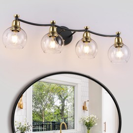 PAZALA Black and Gold 4 Lights Vintage Bathroom Vanity Light Fixtures Over Mirror Industrial Globe Clear Glass Farmhouse Wall Sconces Fixture(Exclude Bulb)