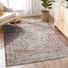 nusoarug Machine Washable Area Rugs, Vintage 3x5 Non Slip Area Rugs with TPR Rubber Backing, Boho Area Rug Carpet Runner for Living Room Bedroom Dining Room Indoor, Vintage Pink- Faux Wool