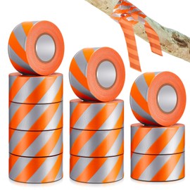 Pushglossy 12 Rolls Trail Marking Flagging Orange Reflective Tape Non Adhesive Plastic Ribbon with Silver Strip PVC Caution Tape Roll for Hunting Hiking Boundaries Hazardous Areas Marking (1.5"x 150')