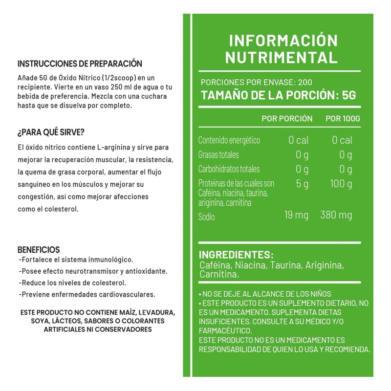 Óxido Nítrico Natural Green Pre Entreno 1kg 200 Servicios Uva