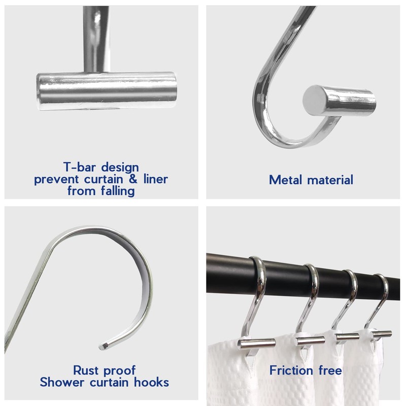 Metal Shower Curtain Hooks,Rust Proof Shower Curtain Rings for Bathroom,T-Bar