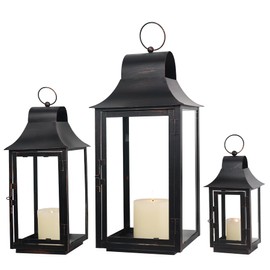 DECORKEY 3Pack Lanterns Decorative Outdoor & Indoor, Large Square Lanterns Decorative for Front Porch, Metal Frame Candle Holders with Glass, Vintage Patio, Pathway, Balcony, Garden, Yard Decor