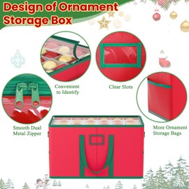 FANPROSM Christmas Ornament Storage Box with Adjustable Dividers Ornament Storage Container with 4 Trays Fits 96-3'' Holiday Ornaments 600D Oxford Fabric Ornament Organizer for Christmas Decorations