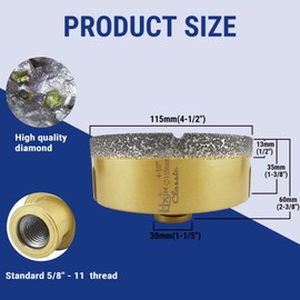 HXIN Vacuum brazed Diamond Hole Saw with 5/8"-11 Thread Classical Golden for Dry or Wet Drilling on Hard Porcelain Ceramic Tile Masonry Granite Marble Used on Angle Grinder (115mm 4-1/2")