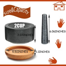 Mortar and Pestle Set 2 Cups with Detachable Anti-Scratch Wood Base,Natural Granite Extra Large 6.06inch Pestle Stone Grinder Bowl Ideal for Grinding Spices Chillis Pesto Guacamole (Granite)