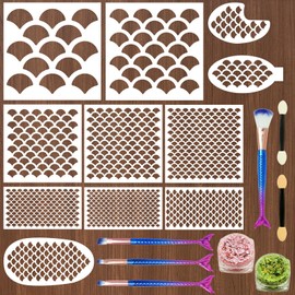 11Pcs Mermaid Makeup Scale Stencil Kit, Reusable Fish Face Paint & 4Pcs Makeup Brushes 2 Bottles Glitter, Women Girl Template Large Plastic Wall Stencil for Painting Make Up DIY Tool Set
