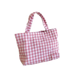 Joyhey 1 Pc Plaid Small Pink Canvas Tote Bag, Grocery Shopping Bag, Beach Bag 8.6" x 12.6" x 3.1"
