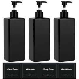 Suream Shampoo and Conditioner Dispenser Set, 3Pack 16.9oz Bathroom Countertop Soap Bottle with 4PCS lables, Plastic Refillable Dispenser with Pump for Kitchen, Office, Travel, Resturant, Black