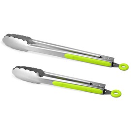 304 Stainless Steel Kitchen Cooking Tongs, 9" and 12" Set of 2 Sturdy Grilling Barbeque Brushed Locking Food Tongs with Ergonomic Grip, Green
