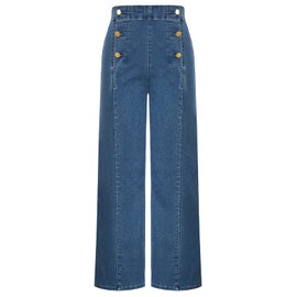 Belle Poque Stretchy Waist Wide Leg Jean for Women Dressy Blue Button Down Work Casual Denim Pants Size 12 Size 14