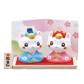 Yakushi Kiln Nishikiya, Nyanko, Suzune Hina (with Wooden Stand), Men's Hina: Total Length: 2.4 inches (6 cm), Female Hina: Total Length: 2.2 inches (5.5 cm)