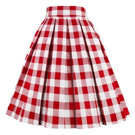 Girstunm Women's Pleated Vintage Skirt Floral Print A-line Midi Skirts with Pockets Red-White-Plaid S