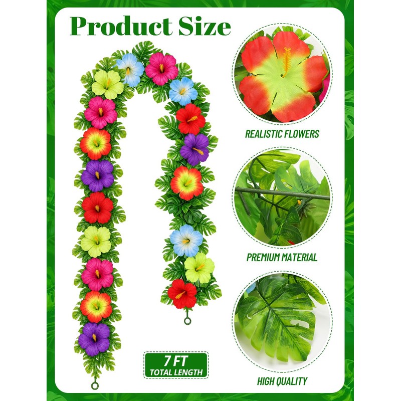 2 Pcs Tropical Hibiscus Flower Garland, 7 FT Artificial Monstera