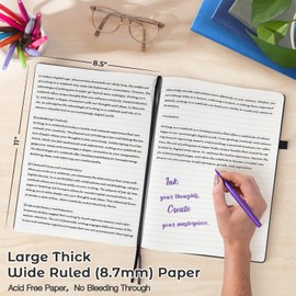 MALEDEN Lined Journal Notebook, 8.5" x 11" Hardcover Leather Notebook for Work, Wide Ruled Notebook Journal for Women Men, 192 Thick Paper, Lay Flat, 2 Pockets, A4 Large Journals for Writing, Black Notebook