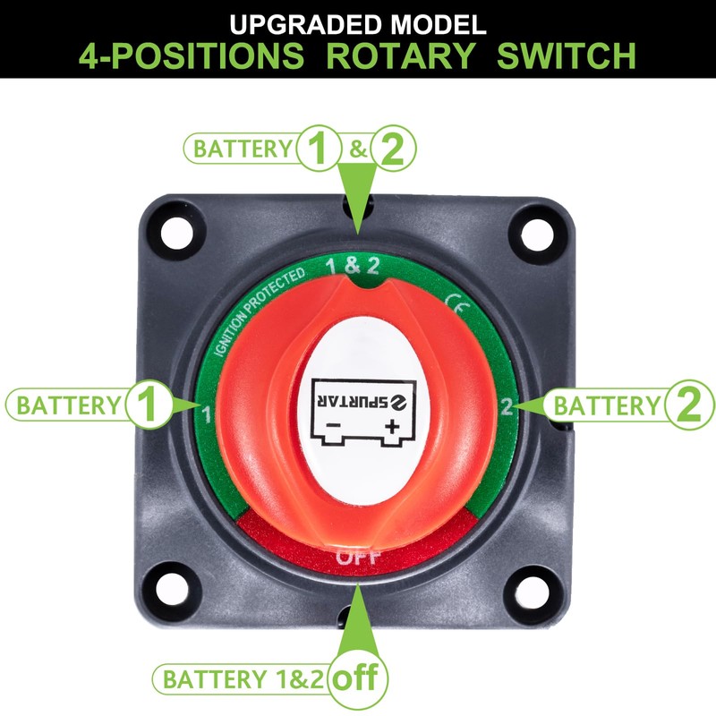 Spurtar Car Battery Disconnect Switch 12V 24V 48V 1-2-Both-Off Battery