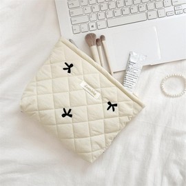 Yovell Quilted Makeup Bag Floral Makeup Bag Cute Make Up Pouch Travel Organizer Toiletry Bag Cotton Cosmetic Bags for Women Girls (Beige Bow - Small)