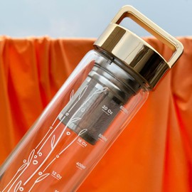 aecotea 23 oz Borosilicate Glass Water Bottle with Handle Lid - Motivational Sports Drinking Bottle with Neoprene Sleeve (Gold)