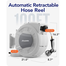 100 FT x 1/2" Retractable Garden Hose Reel by HOZEREEL, Decorative Outdoor Garden Hose Reels - Automatic Self Retract Wall Mount Hose Reel Enclosed Storage, Any Length Lock, 10 Pattern Nozzle-Grey