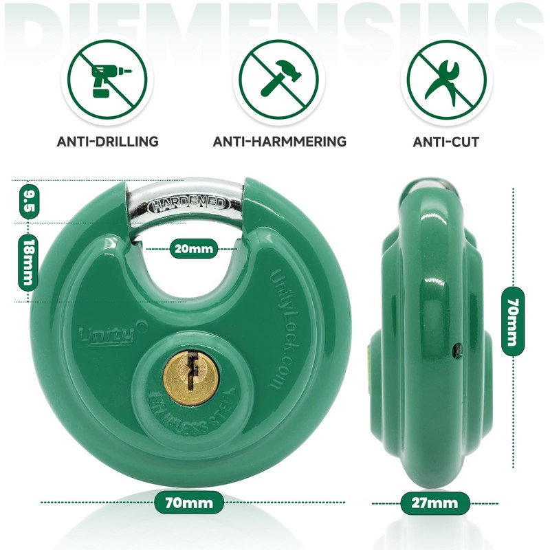Unity Same Keyed Green Disc Padlock 2-3/4" (70mm) Premium self